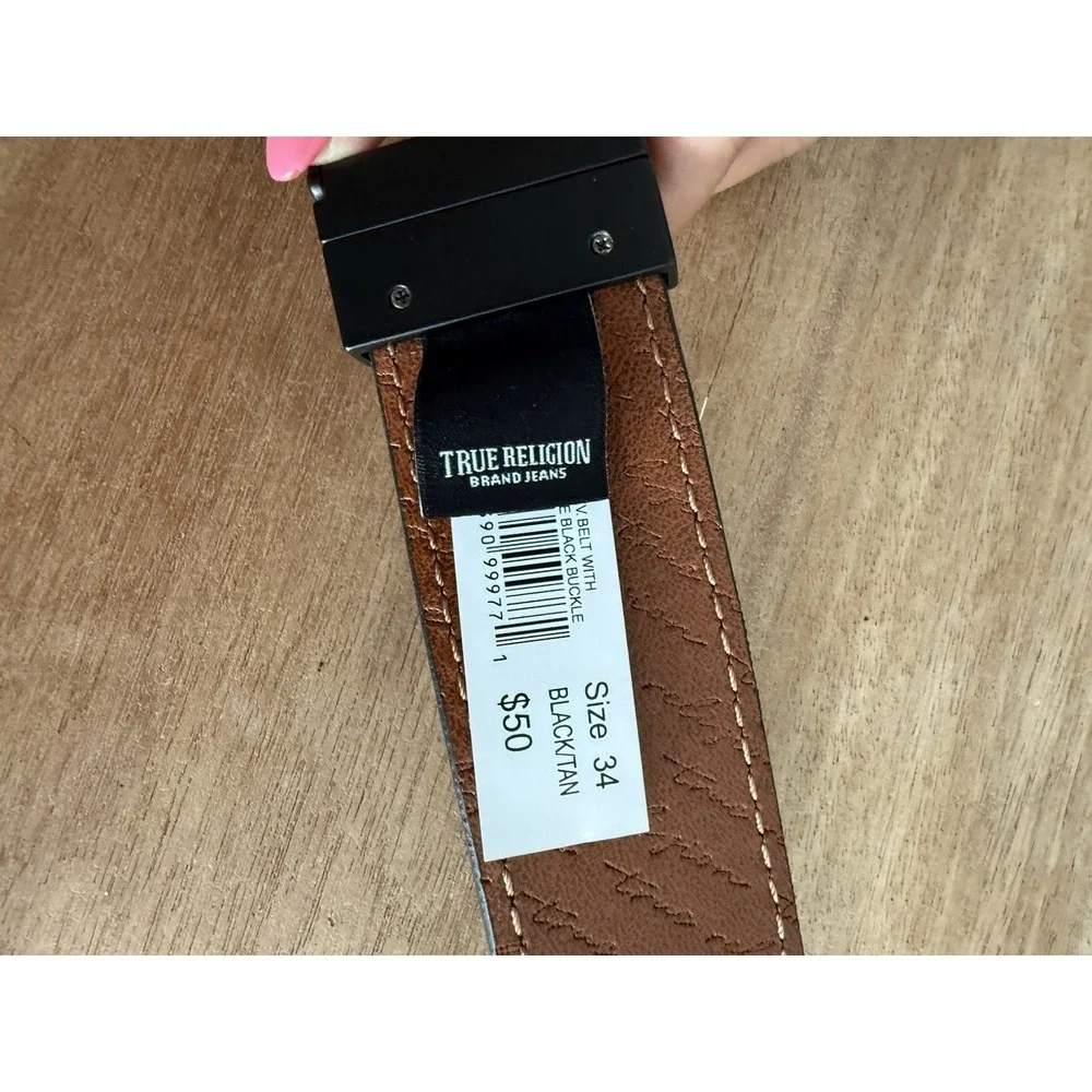 True Religion Reversible Belt Size 34 Black Tan Matte Horseshoe Buckle NWT